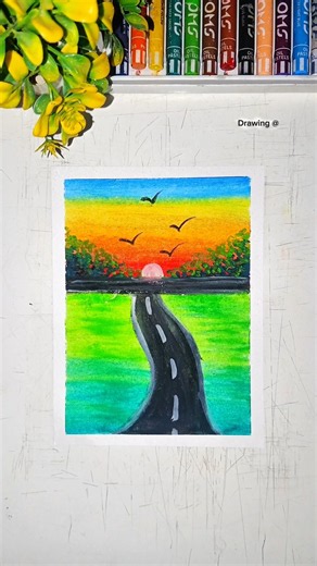 Beautiful Sunset Road Scenery Drawing 🌅🎨 | Oil Pastel Art #shorts