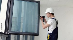 The wizard installs the screws in the window frame with a screwdriver