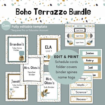 Boho Terrazzo Canva templates: binder covers, spines, schedule cards, name tags