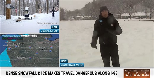 As snow continues to fall and ice locks onto roads, Meteorologist Jordan Steele reports live in Grand Haven, Michigan. He breaks down what to expect over the next 24 hours: | The Weather Channel