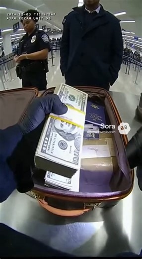 Inside an airport security checkpoint, bodycam footage captures a moment of rising tension as a TSA K9 abruptly alerts on a rolling carry-on bag midway down the conveyor belt. Travelers look up from their bins as the dog begins barking, its handler signaling officers to intervene. The bag is removed for secondary inspection. When unzipped, the flashlight reveals multiple passports in varying colors tucked into a travel organizer. Beneath them are stacks of rubber-banded cash resting on top of a 