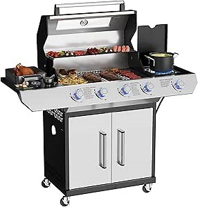 4 Led Burner Propane Gas Grill with Side Burner & & Visual Glass, Stainless Steel Gas Grill with Enameled Cast Iron Grates, 60,000 BTUs Output for Outdoor Cooking and Patio Backyard Barbecue