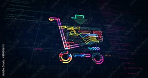 Shopping cart symbol project creating. Abstract concept of sale, buy, discount, cyber business, online store and internet shop 3d animation. Drawing digital scheme of futuristic idea.