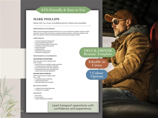 Truck Driver Resume Template | Mc Hc Driver CV | Transport Professional Resume | Logistics Supervisor Resume | Canva Template - Etsy