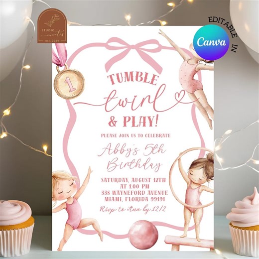 Blush Pink Coquette Bow Gymnastic Girls Birthday Invitation, Tumble Twirl and Play Gym Birthday Invite, Canva Editable Kids Birthday C201 - Etsy