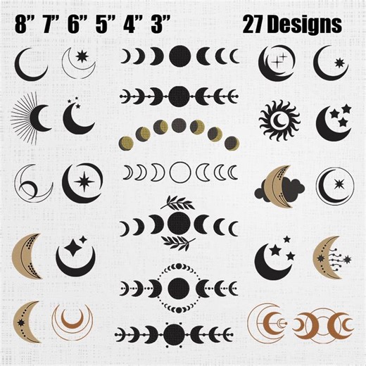 Magic Moon Embroidery Set - Moon Phases Machine Embroidery - Mystical Boho Moon Stitch Pattern - 27 Designs 6 Sizes - Etsy