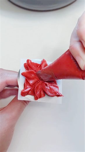 Poinsettia. Tip PR104 or tuned korea 104 from my store. Freeze and add to your cake later. You can use gold beads or pipe stamen with tip 1 for the center. . . I sell piping tips, tutorials and buttercream recipes. All links are in my bio. if you cannot find the link, comment and tell me what you're looking for. Prima Royale is my creative outlet. I enjoy piping flowers 🌹 #flowercake #cake #baker #cupcakebouquet #buttercream #recipe #flowerpiping #koreanbuttercreamflowers #baker #flowers #flowe