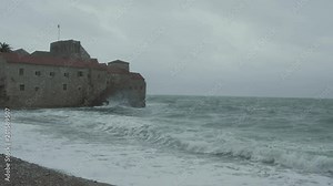 Stormy seas during bad weather cyclone hurricane Winds in Budva, Montenegro. Slow Motion. Stock Video