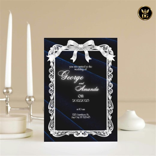 Navy Velvet & White Gold Diamond Wedding Invitation Suite With Bow | Luxury Royal Canva Template Elegant Opulent Design - Etsy