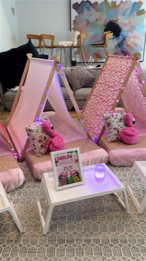 flamingo theme but make it a sleepover 🦩✨ #teepee #slumberparty #SmallBusiness #sleepover #flamingo