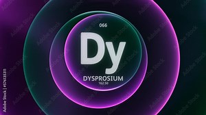 Dysprosium as Element 66 of the Periodic Table. Concept animation on abstract green purple gradient rings seamless loop background. Title design for science content and infographic showcase backdrop.