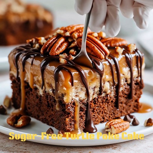 Sugar-Free Turtle Poke Cake 🍫🥜🍮 A decadent chocolate poke cake filled with caramel, topped with pecans and chocolate drizzle — all sugar-free! 📝 Ingredients Cake: 1 ½ cups almond flour ¼ cup coconut flour ½ cup unsweetened cocoa powder 1 tbsp baking powder ½ cup butter, softened ¾ cup allulose 4 large eggs ½ cup unsweetened almond milk 1 tsp vanilla extract Filling: ½ cup sugar-free caramel sauce (made with allulose or monk fruit) 2 tbsp unsweetened almond milk Topping: ½ cup chopped pecans 