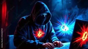 Hacker in a dark room, typing on a laptop with glowing red and blue effects.