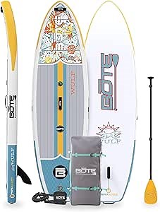 BOTE Wulf Aero Inflatable Stand Up Paddle Board Kit Includes Accessories Adjustable Paddle iSUP Travel Bag Blow Up Pump Safety SUP Coiled Leash Multiple Sizes