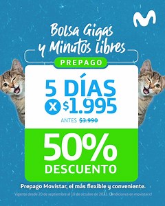¡Damos vuelta a tu semana con la Bolsa Gigas y Minutos Libres 😻📲! Aprovecha 5 días libres para disfrutar del ahora, con un 50% de dcto. Cómprala en la App Mi Movistar: https://mvst.cl/dkKF0c. | Movistar Chile