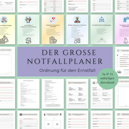Notfallplaner PDF zum Ausdrucken, Vorsorgeplaner A4 A5, Notfallordner Familie, Testament, Patientenverfügung, End of Life planner deutsch - Etsy.de