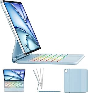 KVAGO Keyboard Case for iPad Air 11-inch (M3 2025 / M2 2024) & iPad Pro 11 (4th/3rd/2nd/1st Gen) & iPad Air 5th &4th Gen, Magic-Stand, Multi-Touch Trackpad, 7 Colors Backlight, Sky Blue