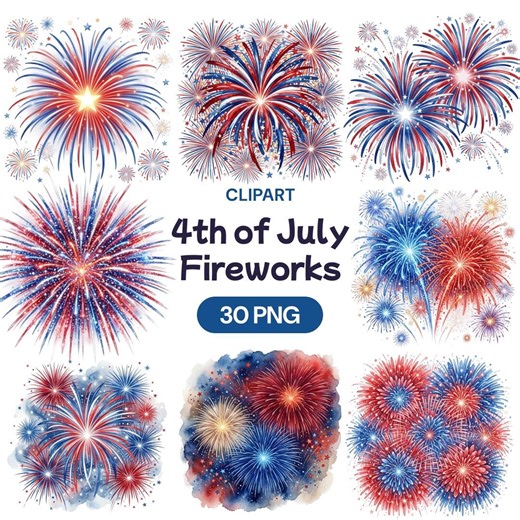 4th of July Fireworks Clipart, Watercolor USA PNG, Red White Blue Graphic, Independence Day Art, Patriotic Celebration Illustration - Etsy