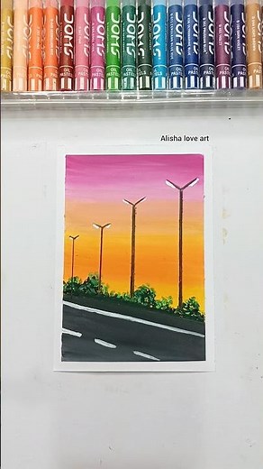 Easy Sunset Road Drawing with Oil Pastels | Step-by-Step Scenery Art Tutorial