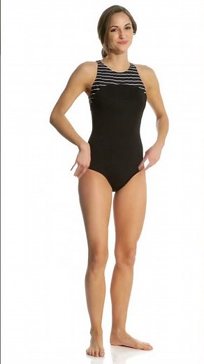 Speedo Women's Endurance+ Stripe High Neck One Piece Chlorine Resistant Swimsuit | SwimOutlet.com