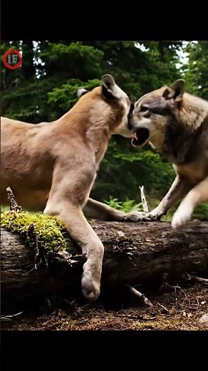 COUGAR VS WOLF appears silent, then mountain lion and grey wolf fight one on one in Canadian forest,