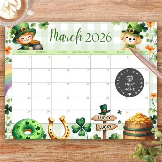PRINTABLE Monthly Calendar, March 2026 PDF Instant Download, St-patricks, Leprechaun, Irish, Lucky, Kids School Schedule, Classroom Calendar - Etsy