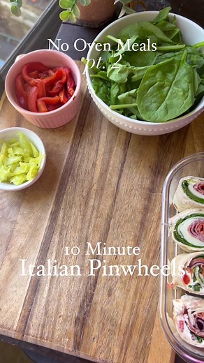 No Oven Meals, Pt. 2! Italian Pinwheels ready in just 10 minutes. Follow along this month for more no oven meals as we try to beat this heat 🥵 - - - - What You Need: •6 tortillas •Handful of spinach •18 slices of pepperoni •9 slices of salami •6 slices of cheese (I used provolone) Cream cheese mixture: •8 ounce block cream cheese, softened •1 tbsp Italian seasoning •1/3 cup peperoncini, chopped •1 tbsp peperoncini juice (from the jar) •1/4 cup roasted red peppers •1 tsp garlic powder Instructio