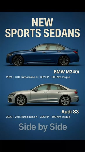 MODERN SPORTS CARS — SIDE BY SIDE ⚡🇩🇪 Precision engineering meets pure performance in this German showdown. Turbocharged power, sharp handling, and iconic design — these two define modern driving excitement. 💙 2024 BMW M340i 3.0L Turbo Inline-6 | 382 HP | 500 Nm Torque | 8-Speed Automatic A perfect blend of luxury aggression. Smooth, powerful, and endlessly capable. ❤️ 2023 Audi S3 2.0L Turbo Inline-4 | 306 HP | 400 Nm Torque | 7-Speed Automatic Quattro AWD Compact, quick, and razor-precise. 