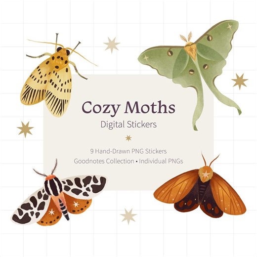 Cozy Moth Digital Stickers, Whimsical Moth Illustrations for Goodnotes - Etsy