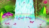 Animation of a waterfall in the tropical jungle. Flying colorful...