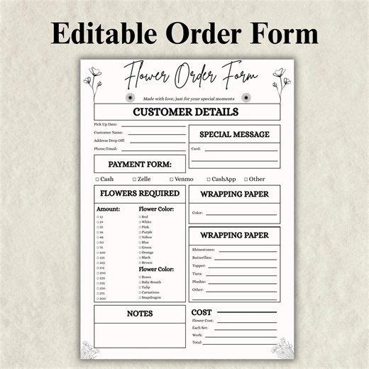 Editable Florist Order Form Canva Template, Printable Flower Shop Order Sheet for Wedding Event Orders Tracker, Digital Download - Etsy