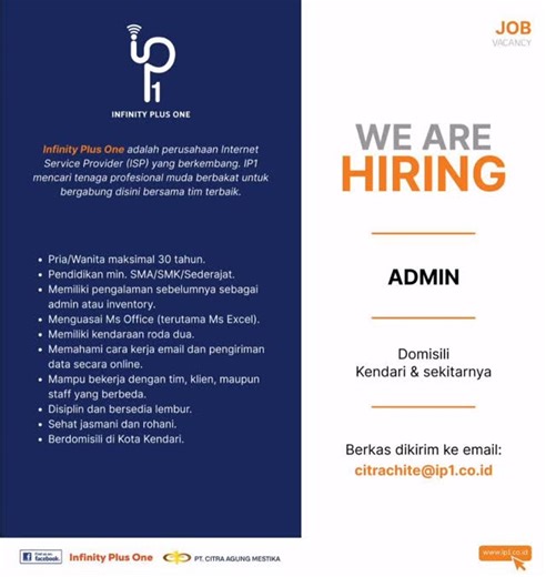 Info Loker Sultra (Sulawesi Tenggara)🌎 on Instagram: "📢 OPEN LOKER – ADMIN INVENTORY Provider Internet IP1 (Infinity Plus One) membuka kesempatan untuk kamu!🙌 📍 Kota Kendari Kualifikasi singkat: ✔ Pria / Wanita (maks. 30 th) ✔ Min. SMA/SMK ✔ Pengalaman admin/inventory ✔ Bisa Excel & Ms Office ✔ Punya motor 🛵 ✔ Paham email & kirim data ✔ Disiplin & siap lembur ✔ Domisili Kendari 📩 Minat? Kirim berkasmu ke citrachite@ip1.co.id 1/3"