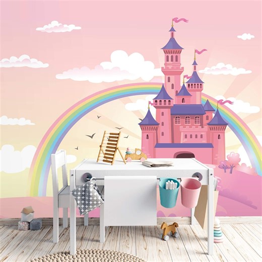 Girls Room Castle Wall Mural With Rainbow Peel and Stick Removable Fairy Wallpaper - Etsy