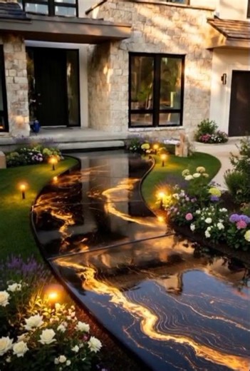 This Black & Gold Epoxy Walkway Looks Like Liquid Marble#epoxyfloor#epoxyresin#walkwaydesign#luxury