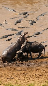 Hippopotamus VS Buffalo #wildlife #animals #wildanimals #documentary | Chhoy KimHouy