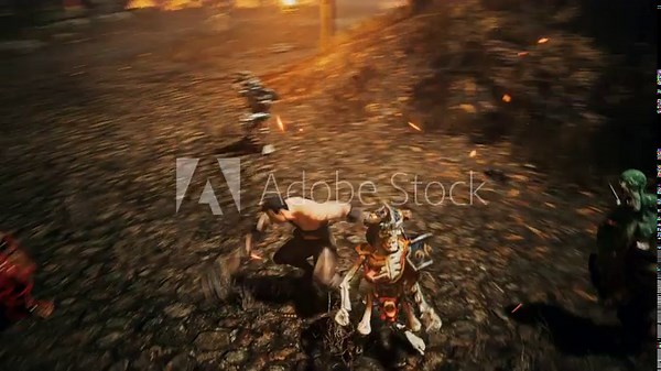 Controlling the powerful character in the modern rpg video game. Killing the npc opponents in the digital rpg video game. Attacking the fantasy monster alien in the rpg video game quest.