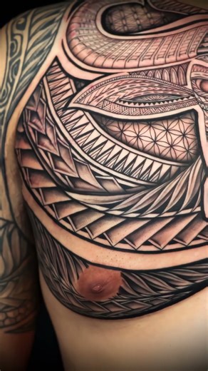 This Polynesian tattoo Fusion chest piece embodies the Caribou