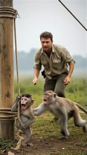 Mother monkey shrieks as a tourist helps her baby who is tangled in ropes | Heart Paw Tales