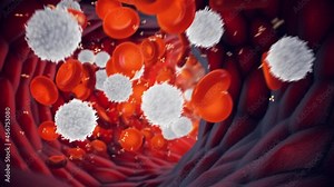 Animation of white blood cells (Leukocytes) and red blood cells (Erythrocytes). Human immune system response to a disease.