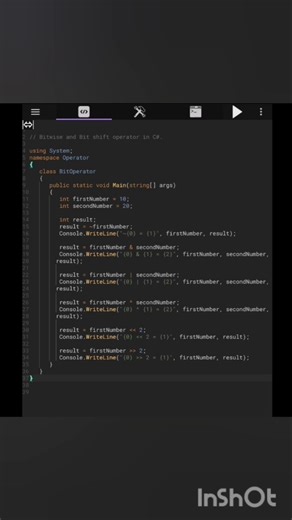 Bitwise and bit shift operator in C#.#csharp #programming #javascript #code #coder #cpp #c# #coding