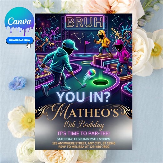 Mini Golf Birthday Invitation Editable Canva Template, Neon Golf Party Invite, BRUH YOU IN Golf Birthday Evite, Printable Digital Download - Etsy