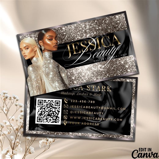 Black Luxury Business Card Template Canva, Silver Glitter Photo QR Code Business Card Design, Editable Beauty Salon Card #31 - Etsy
