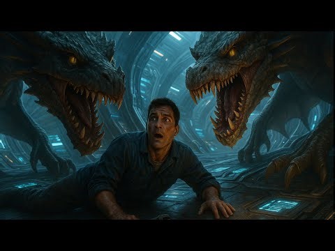 Ferocious Alien Dragons Enveloped the Human Mechanic Working on a Broken Alien Ship Not Knowing