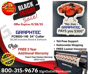 NO JIVE - YOU get $300!! Hurry offer expires Nov. 28 5 YEAR WARRANTY Includes FREE Loaner Insurance https://signoutletstore.com/graphtec-fc9000-140-br-54-cutter-includes-free-loaner-br/ | Sign Outlet Store | Facebook