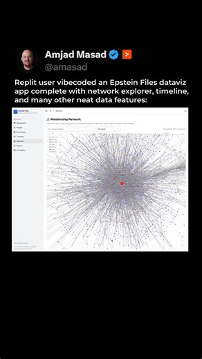 Amjad Masad | Replit user vibecoded an Epstein Files dataviz app complete with network explorer, timeline, and many other neat data features: | Instagram