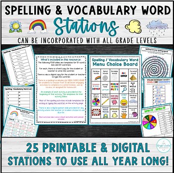 Spelling Choice Board Menu & Vocabulary Word Activities, Word Centers Elementary