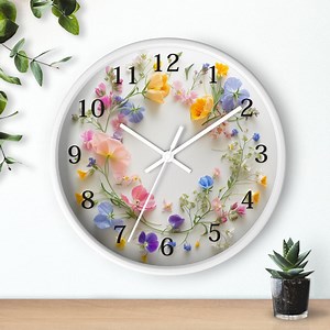 Floral Wall Clock: Rustic Wood Frame, Silent Movement, Flower Print Clock - Etsy