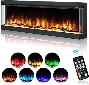 60-Inch 3-Sided Recessed Electric Fireplace with 8-Color Realistic LED Flames, Remote Control, 750W/1500W Dual Heat Quiet Heater for Large Room, ETL Certified, Modern Black