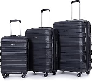 3 Piece Luggage Sets, PC Lightweight Expandable Suitcase with Two Hooks, Spinner Wheels, TSA Lock, (20/24/28) (Black)