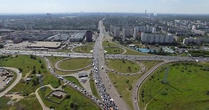 Aerial Moscow city panorama with large intersection, Russia